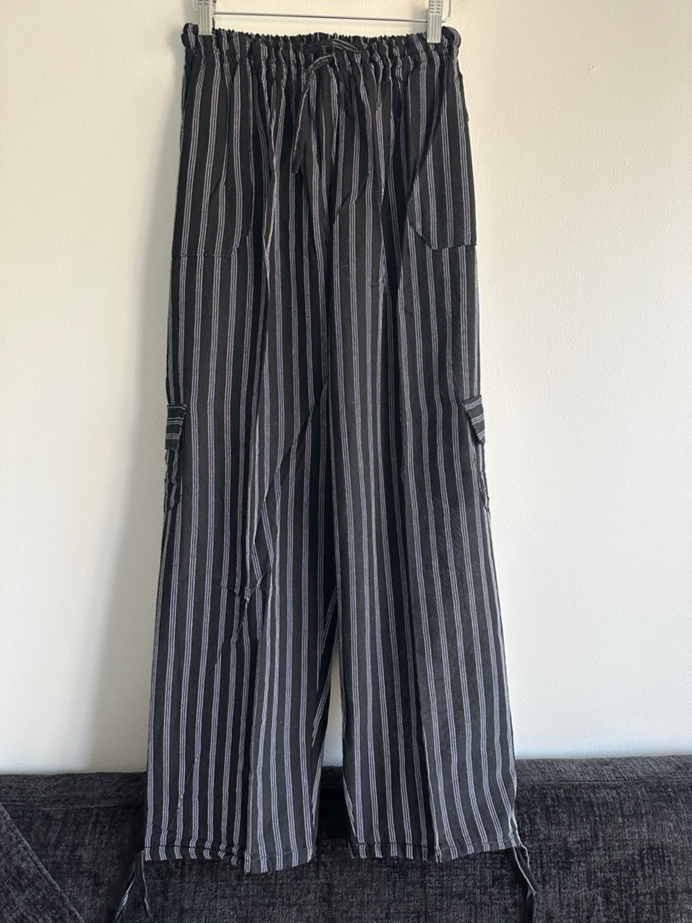 Striped Wide-Leg Drawstring Cotton Pants - Black